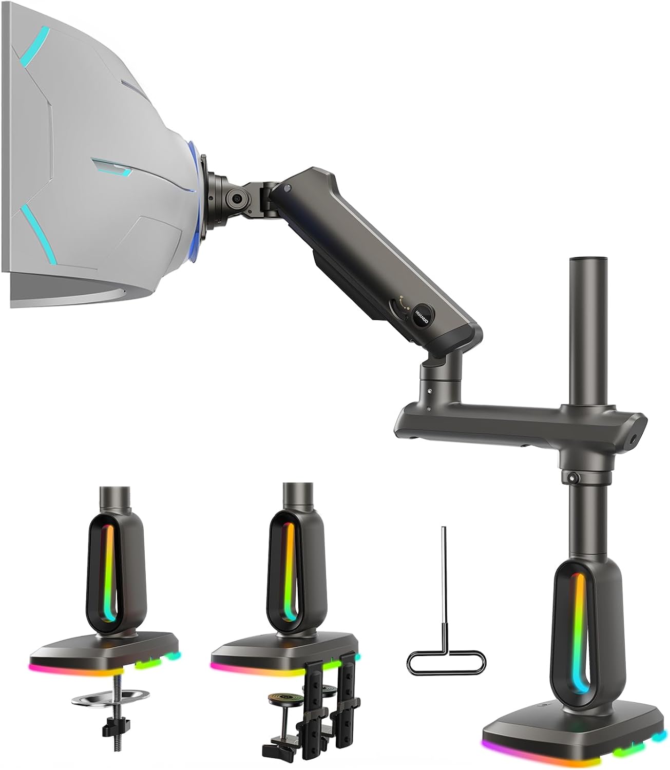 HUANUO RGB Heavy Duty Monitor Arm for Ultrawide Screens up to 57', Holds 44 lbs, Tall Ultrawide Monitor Stand with 29.1' Max Height, Fully Adjustable Single Computer Desk Mount, Max VESA 100x100mm