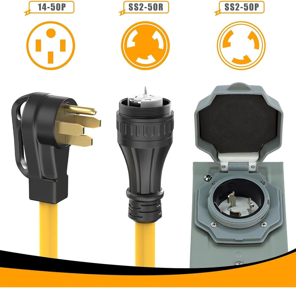 E-SDS 50 Amp Generator Cord 15FT and Power Inlet Box Kit, 125/250 Volt 50 Amp Generator Inlet Box with NEMA14-50P/SS2-50R Extension Cord for RV Camper and Generator to House