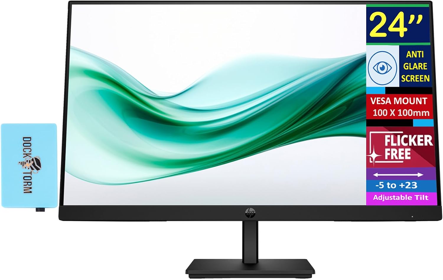 HP V24v G5 24' FHD Computer Monitor (1920x1080), 75Hz Anti-Glare Display, AMD FreeSync, HDMI, VESA Mount, Black, with Dockztorm Dock