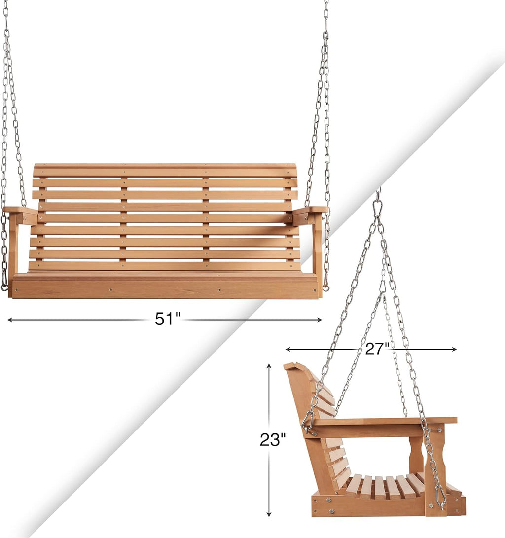 Psilvam HDPE Porch Swing, 2 Seat Hanging Porch Swing Outdoor, All-Weather Patio Swing, Waterproof and Rot-Resistant, Swing Bench for Outside, Garden, Porche and Parks (Teak)