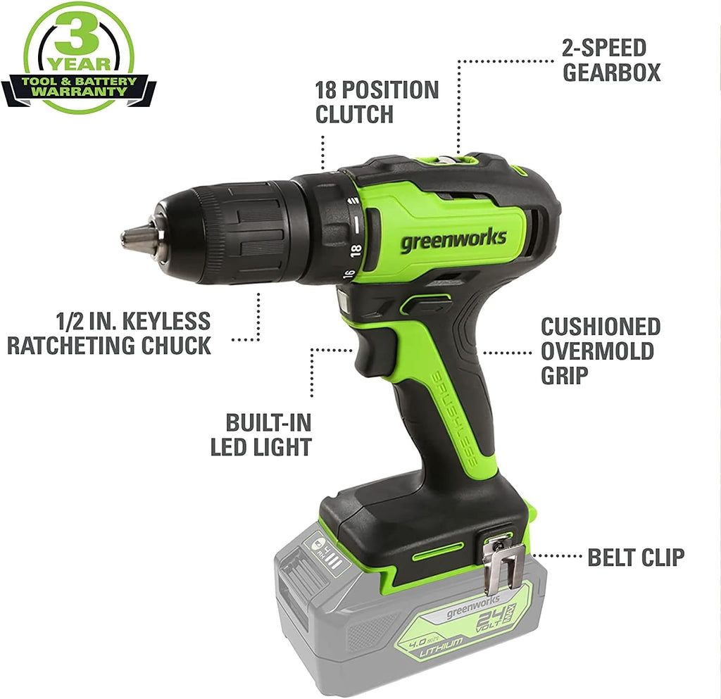 Greenworks 48V (2 x 24V) 20' Brushless Cordless Push Lawn Mower + 24V Brushless Drill / Driver, (2) 4.0Ah USB Batteries (USB Hub) and Dual Port Rapid Charger Included