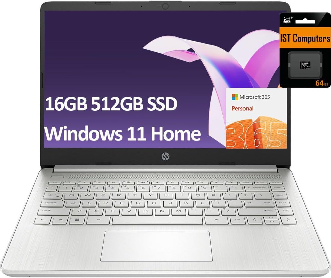 HP 14' Ultra-Light Laptop for Student & Home (Narrow-Bezel Display, Intel Pentium N5030, 16GB RAM, 512GB SSD, 1-Year Office 365) 11-Hr Long Battery Life, Webcam, Wi-Fi, IST Card, Win 11 Home, Silver
