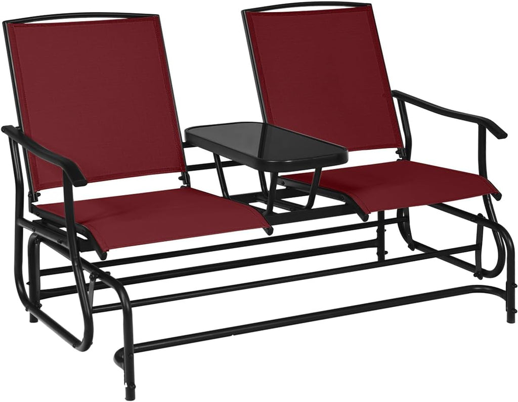 Giantex Outdoor Glider, Rocking Chair with Metal Frame, Center Tempered Glass Table, 2-Person Loveseat, Patio Glider Bench, Outside Swing Chair for Garden Yard Lawn Porch Patio Rocker (Burgundy)