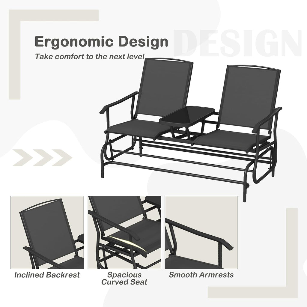 Tangkula 2 Person Swing Glider Chair, Patio Rocking Loveseat w/Center Tempered Glass Table, Outdoor Swing Bench w/Steel Frame & Breathable Mesh Fabric for Porch, Balcony, Poolside (Black)