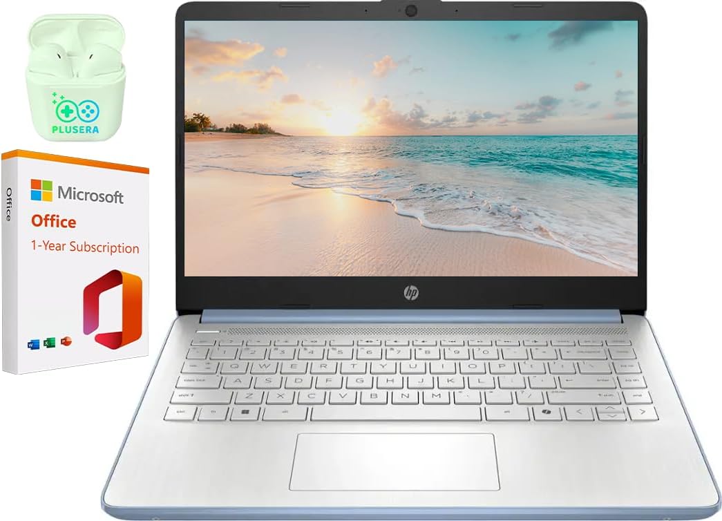 HP 14' LED Business Laptop Computer, 16GB RAM 640GB Storage (128GB UFS + 512GB SD Card), Intel Quad-Core N150, Windows 11 S & 1-Year Microsoft Office 365 Included, PLUSERA Earphones, Sky Blue