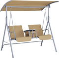 Outsunny 2 Person Porch Swing with Stand, Outdoor Swing with Canopy, Pivot Storage Table, 2 Cup Holders, Cushions for Patio, Backyard, Beige