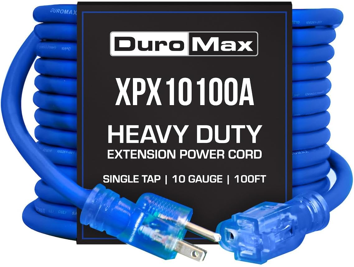 DuroMax XPX10100A Heavy Duty SJEOOW 100-Foot 10 Gauge Blue Single Tap Lighted Extension Power Cord