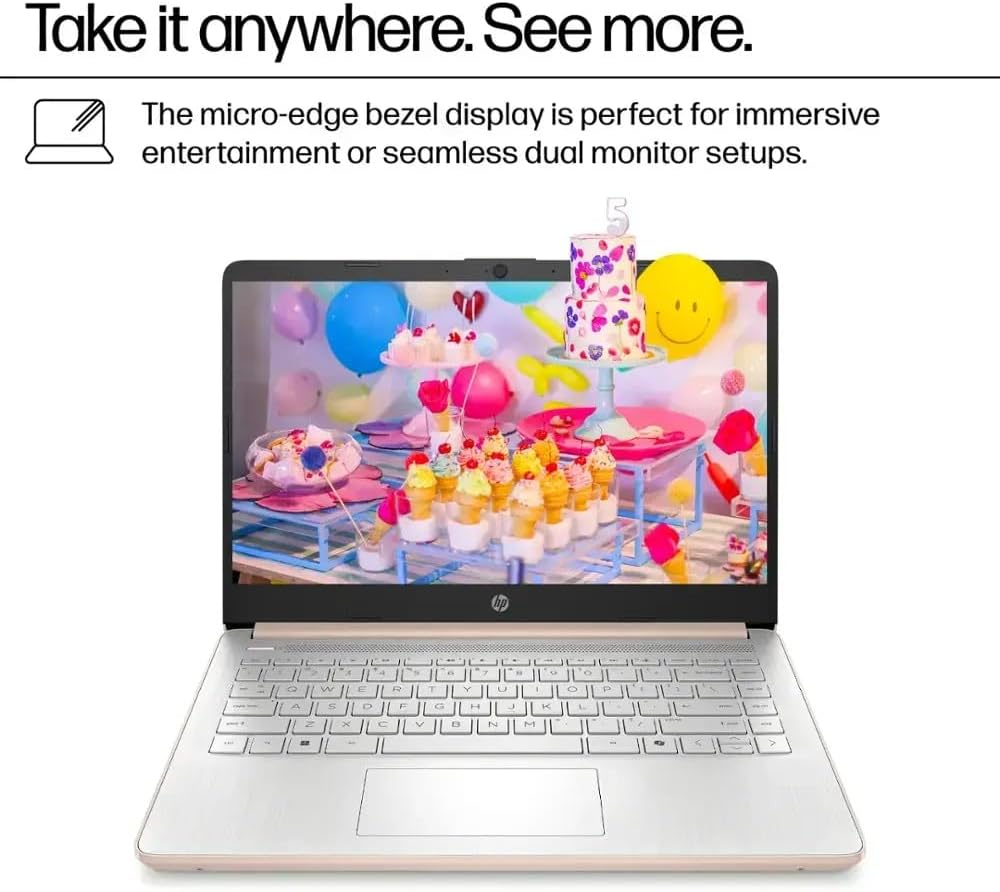 HP Ultra Thin 14' Laptop with Copilot, Intel N150, 16GB RAM, 384GB(128GB eMMC+256GB SD Card) • HUB • Mouse, Windows 11 Pro, 1-Year Office 365, Lightweight Rose Gold Notebook for Work & School