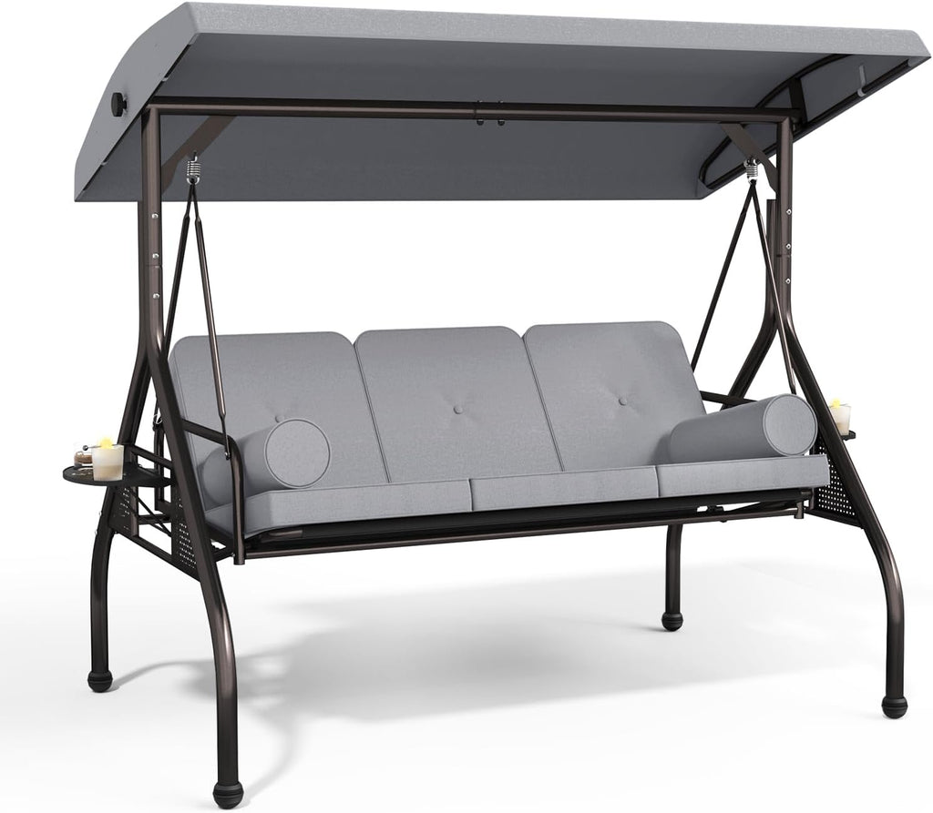 Betterland 3-Seat Patio Swing Chair, Outdoor Porch Swing with Cushions,Pillows & Cup Holders, Adjustable Canopy Outside Bench Swing for Backyard, Garden, Porch (Grey)