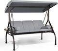 Betterland 3-Seat Patio Swing Chair, Outdoor Porch Swing with Cushions,Pillows & Cup Holders, Adjustable Canopy Outside Bench Swing for Backyard, Garden, Porch (Grey)