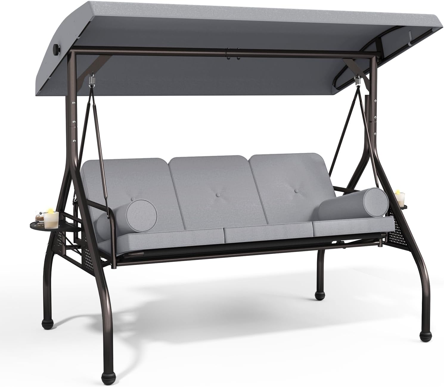 Betterland 3-Seat Patio Swing Chair, Outdoor Porch Swing with Cushions,Pillows & Cup Holders, Adjustable Canopy Outside Bench Swing for Backyard, Garden, Porch (Grey)