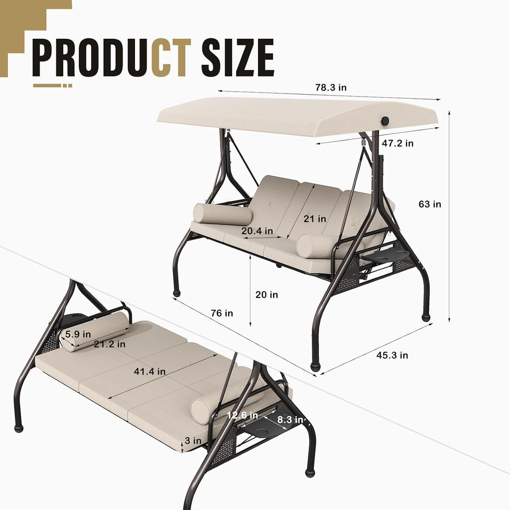 Betterland 3-Seat Patio Swing Chair, Outdoor Porch Swing with Cushions,Pillows & Cup Holders, Adjustable Canopy Outside Bench Swing for Backyard, Porch, Garden(Brown)