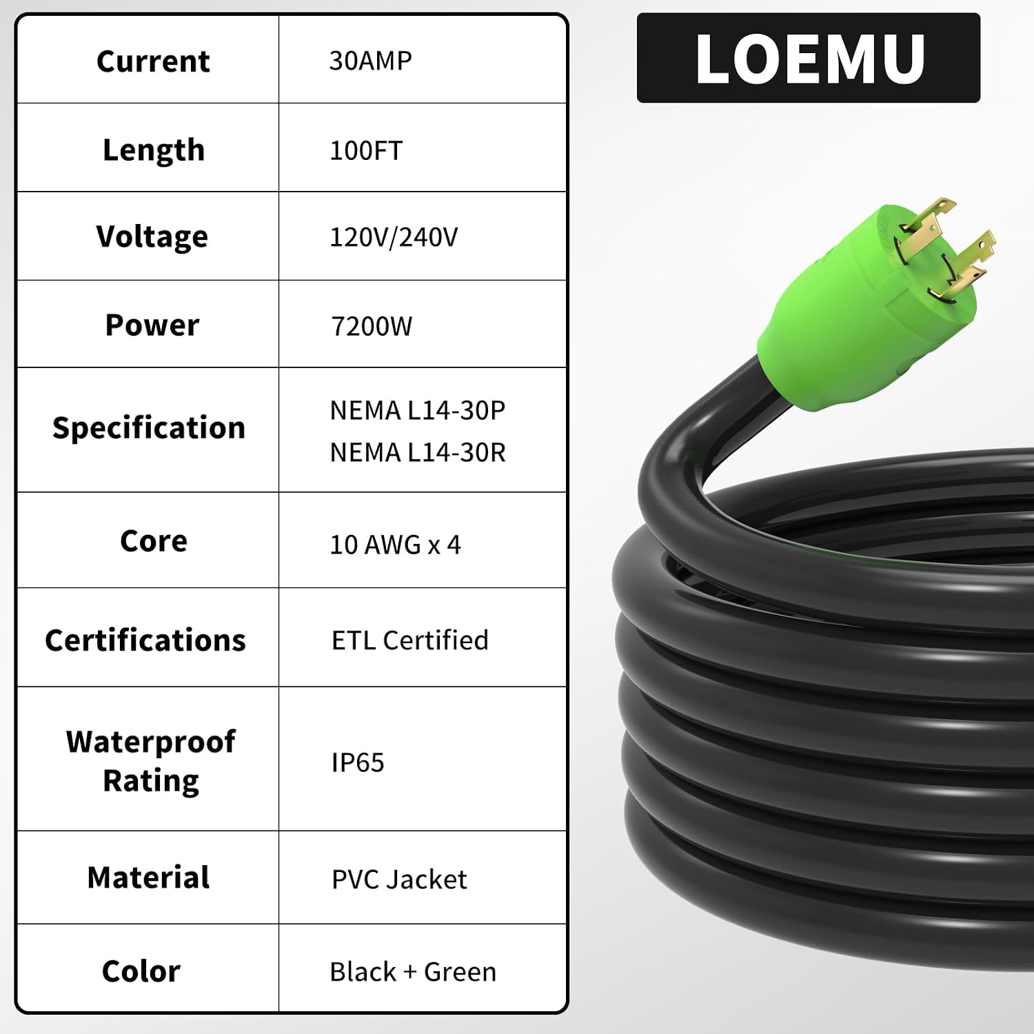 100FT 30 Amp Generator Extension Cord, NEMA L14-30P/L14-30R 10 Gauge Twist Lock Cord 4 Prong, STW Heavy-Duty Waterproof Generator Cord Black