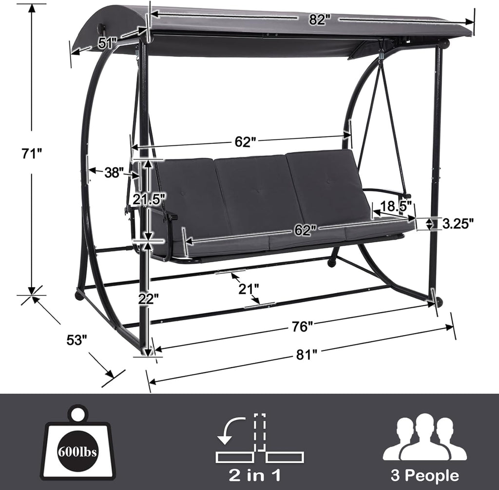 3 Seat Patio Swing with Canopy, Convertible Porch Swing Bed for Adults, Heavy Duty Outdoor Swing Chair with Stand for Backyard Garden Balcony, Thick Cushion, Gray