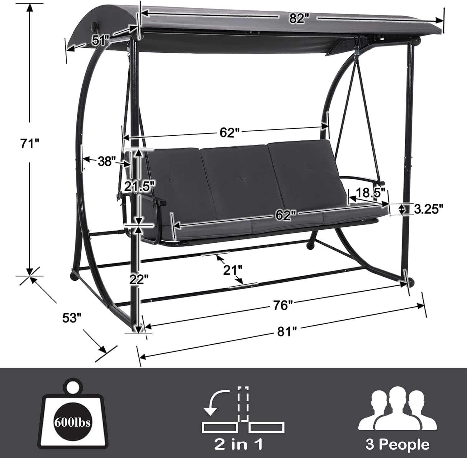 3 Seat Patio Swing with Canopy, Convertible Porch Swing Bed for Adults, Heavy Duty Outdoor Swing Chair with Stand for Backyard Garden Balcony, Thick Cushion, Gray