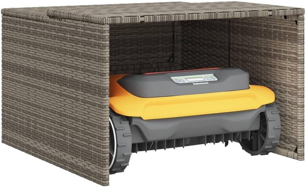 vidaXL Robot Mower Garage - Weather Protection for Robotic Lawn Mowers - Gray - Poly Rattan - 33.9'x35.4'x20.5'/22.4'