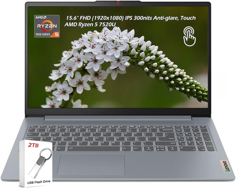 Lenovo IdeaPad Slim 3 Laptop, 15.6 Inch FHD Touch Display, AMD Ryzen 5 7520U, 8GB DDR5 RAM, 1TB SSD, Windows 11, AMD Radeon 610M, WiFi 6, Bluetooth, Artic Grey, w/2TB Flash Drive, W/GaLiMu