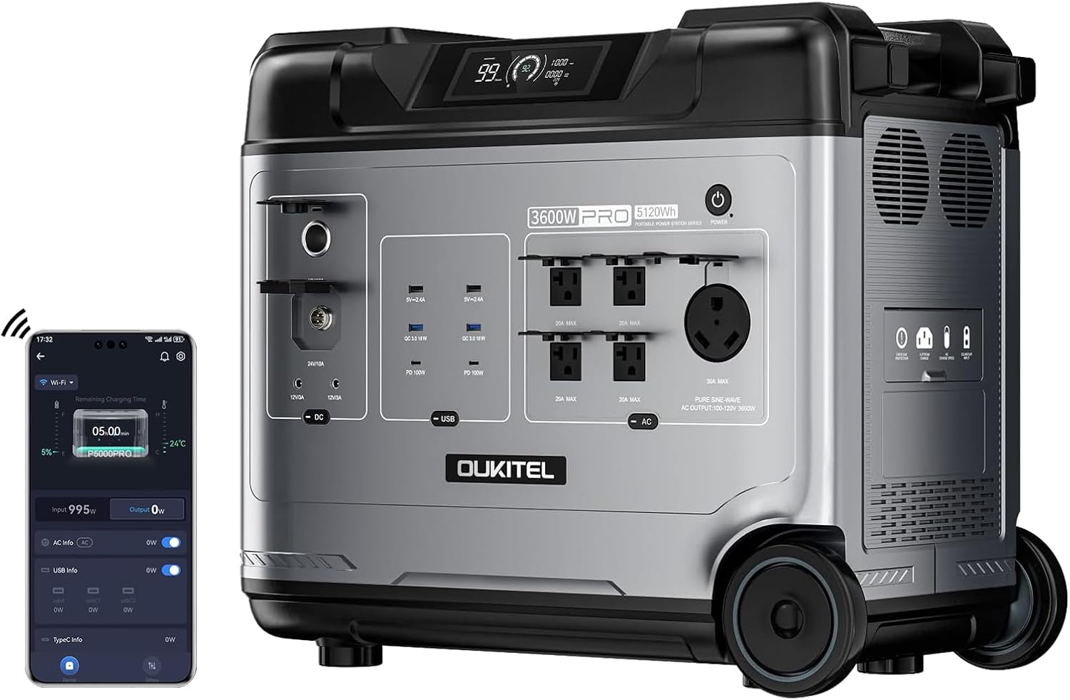 OUKITEL (2025 New) Portable Power Station P5000 Pro, 5x3600W AC Output (6000W Surge),5120Wh Large Capacity Solar Generator,1800W Fast Charge&1000W MPPT Solar for Emergency, Home Backup, Camping