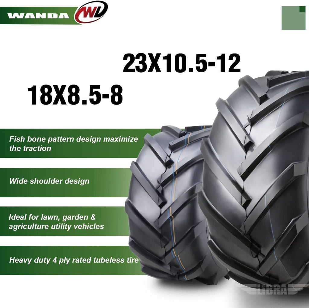 WANDA Set 4 18X8.5-8 & 23X10.5-12 Lawn Mower Agriculture Farm Tractor Tires Super Lug 4 Ply-13079/13075