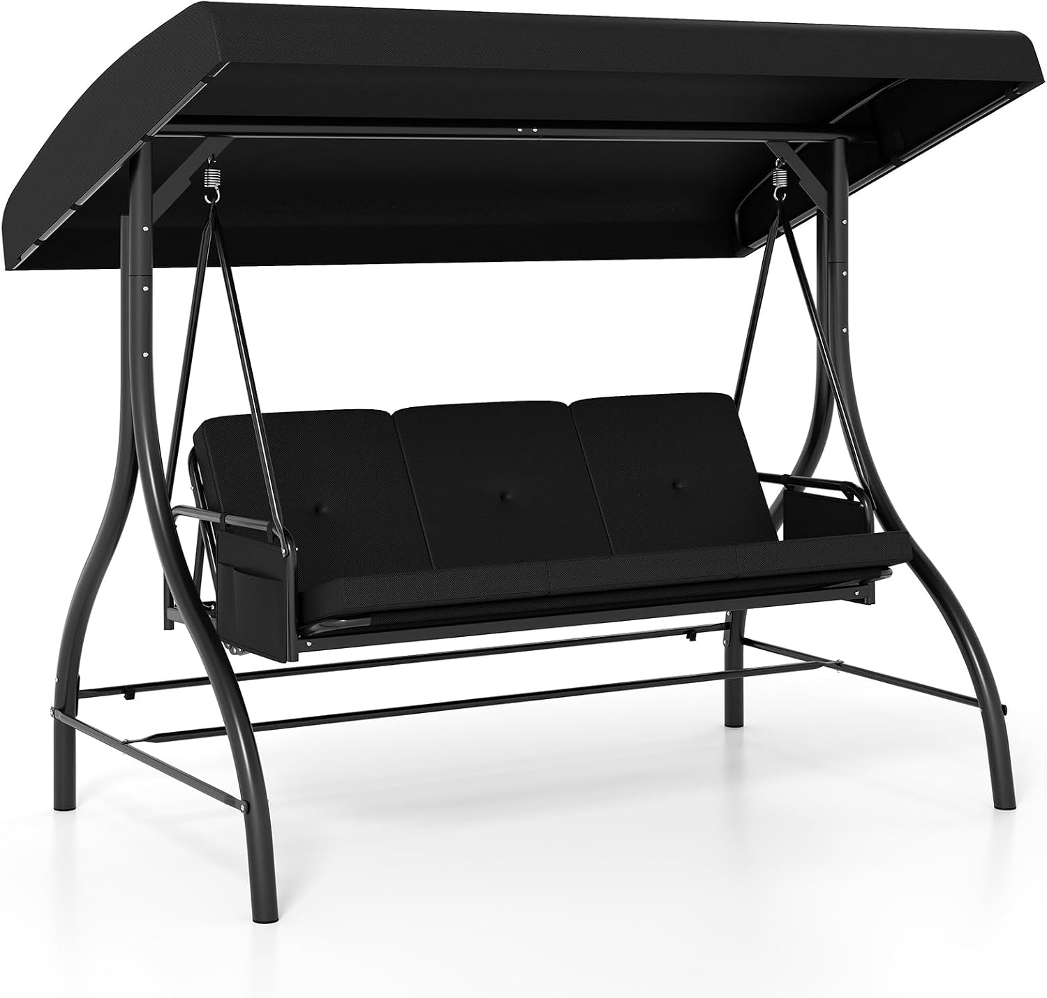 Tangkula 3 Person Porch Swing, 2-in-1 Convertible Outdoor Swing with Adjustable Canopy, Removable Cushions, Metal Frame, Side Pockets for Backyard, Garden, Porch (Black)