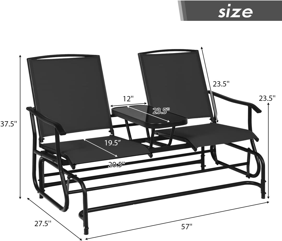 Giantex Patio Bench Glider Chair with Metal Frame, Center Tempered Glass Table, Outside Double Rocking Swing Loveseat for Porch, Garden, Poolside, Balcony, Lawn Rocker Outdoor Glider Bench(Black)