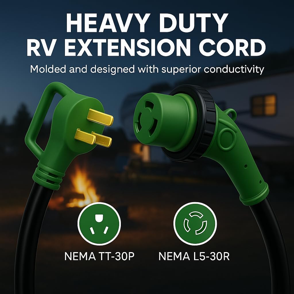 30 Amp Generator Extension Cord 75 FT, TT-30P to L5-30R Twist Lock, LED Power Indicator & Reverse Polarity Light, 10 AWG Heavy Duty RV Shore Power Cord, 90° Grip Handle, for Generator, Camper, Marine