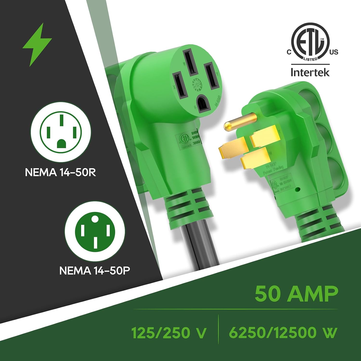 RVGUARD 50 Amp 50 Foot RV/EV Extension Cord with Reverse Polarity Indicator, NEMA 14-50P/R Heavy Duty Extension Cord with Cord Organizer, Green, ETL Listed