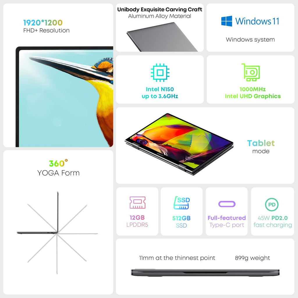 CHUWI MiniBook X 2-in-1 Laptop 10.51', 16GB LPDDR5 512GB SSD, Intel N150 (up to 3.6GHz), Windows 11 Convertible Laptop, 2TB SSD Expand, FHD IPS 2K Touchscreen, Backlit Keyboard, WiFi 6, BT5.2