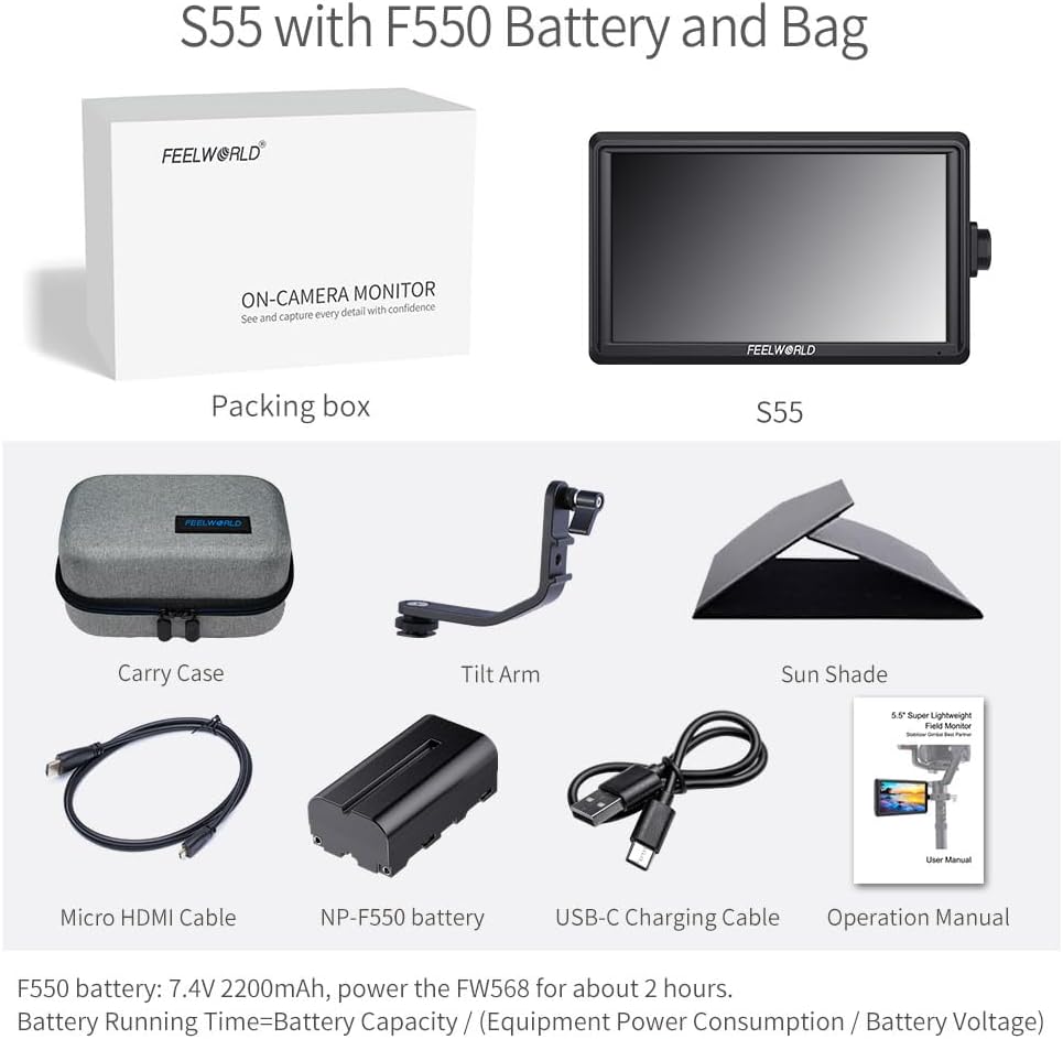 FEELWORLD S55 V3 6 Inch 500nit On Camera DSLR Field Monitor 4K HDMI Input Output 3D LUT Waveform Focus Assist, See Clearly, No More Guessing for Video Shooting Vlogging with F550 Battery and Bag
