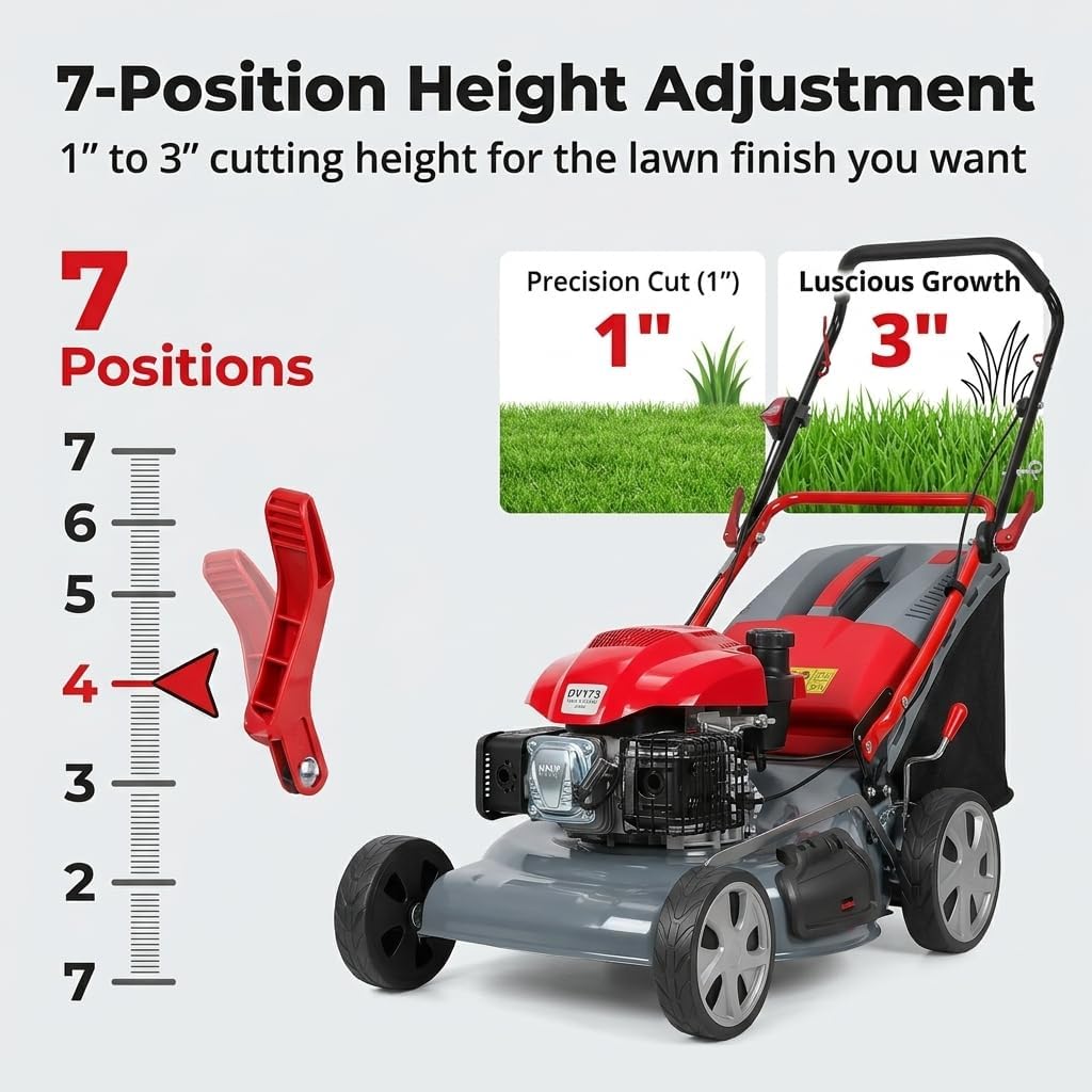 173cc 20' Gas Lawn Mower, Self-Propelled Lawn Mowers with 18' Cutting Width, Adjustable Cutting Height 25-75mm & 60L Grass Catcher, Push Mower for Large Yards and Uneven Ground Red