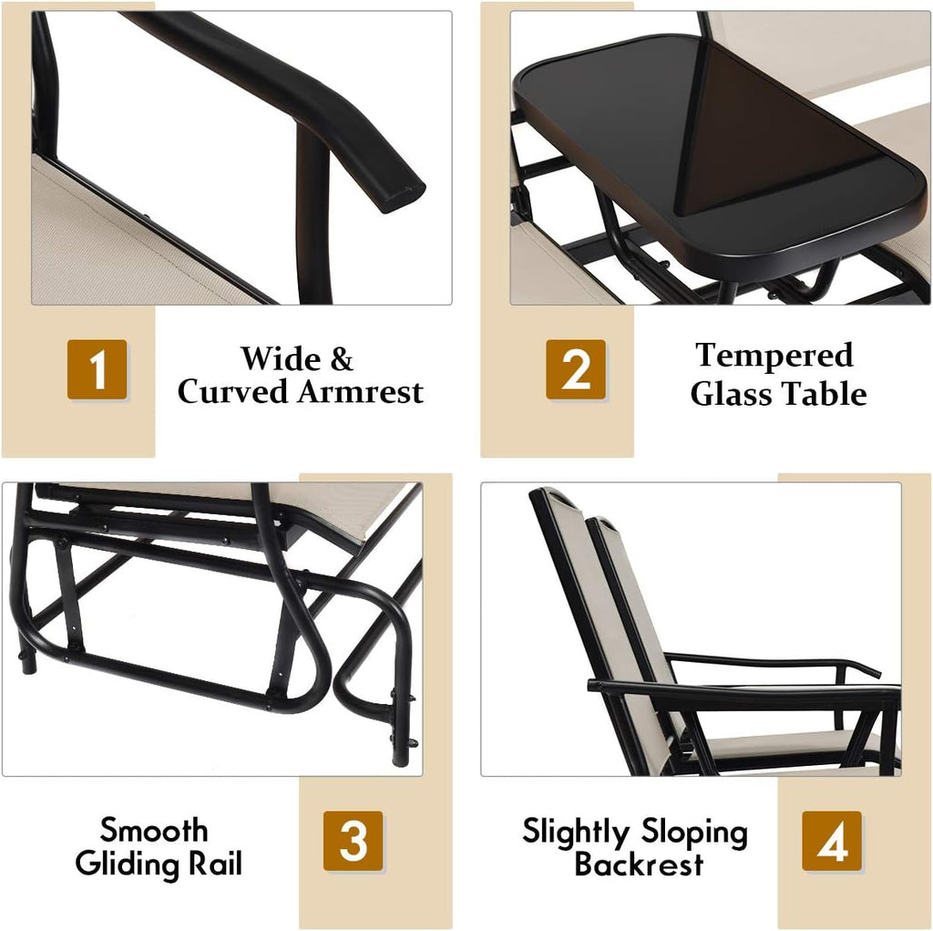 Giantex Patio Bench Glider Chair with Metal Frame, Center Tempered Glass Table, Outside Double Rocking Swing Loveseat for Porch, Garden, Poolside, Balcony, Lawn Rocker Outdoor Glider Bench(Beige)