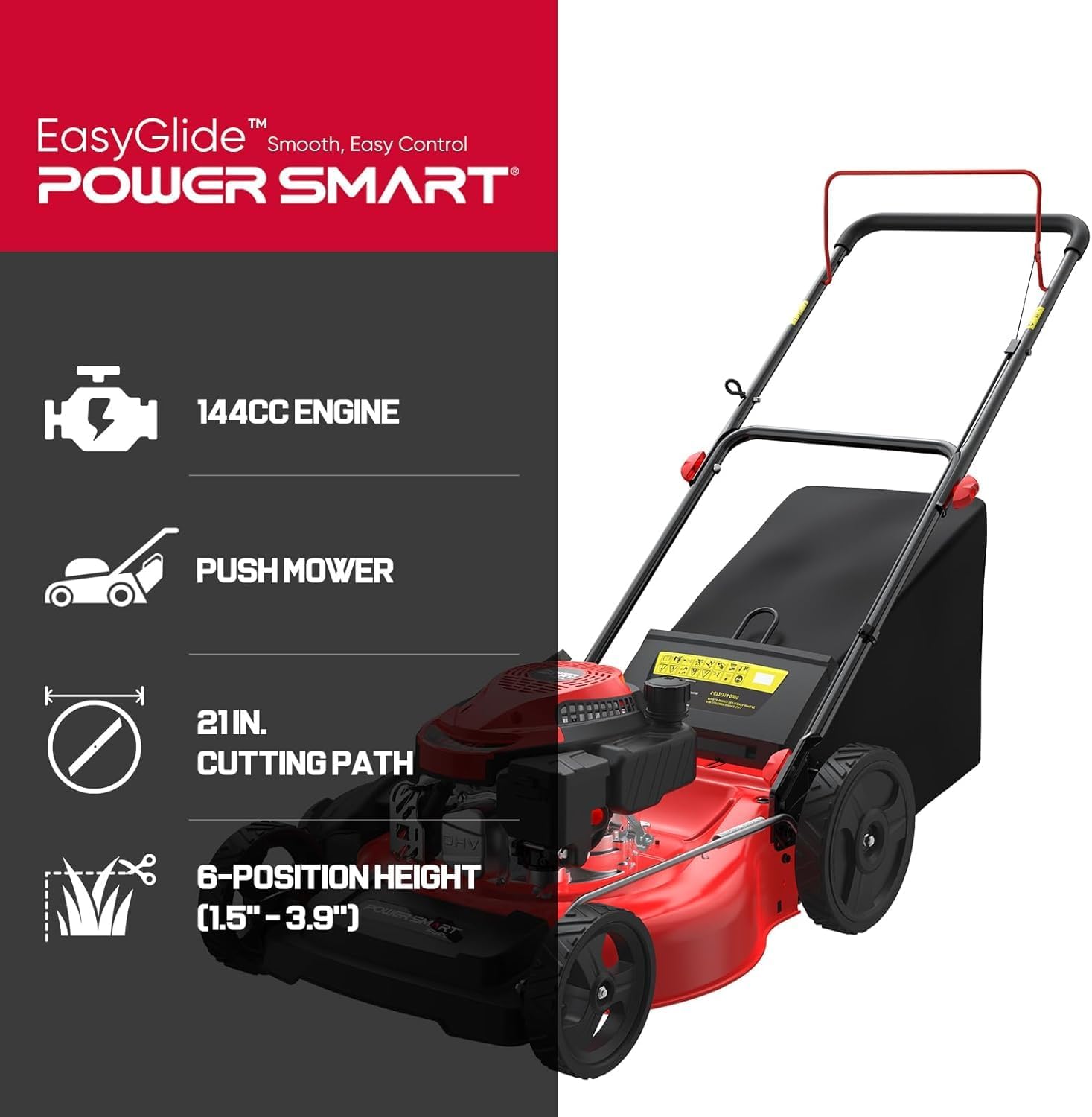 PowerSmart EasyGlide Gas Push Lawn Mower 21-inch 144cc 4-Stroke Engine with Easy Adjustable Cutting Height, High Wheels, 2-in-1 with Mulching, Rear Bagger