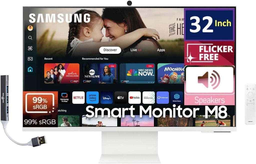 Samsung 32-Inch M8 (M80D) 4K UHD Smart Monitor with Streaming TV, Speakers, HDR10+, AI Upscaling, Ergonomic Stand, Slimfit Camera, Gaming Hub, USB-C & DKZ USB Port Expander, (LS32DM801UNXZA)