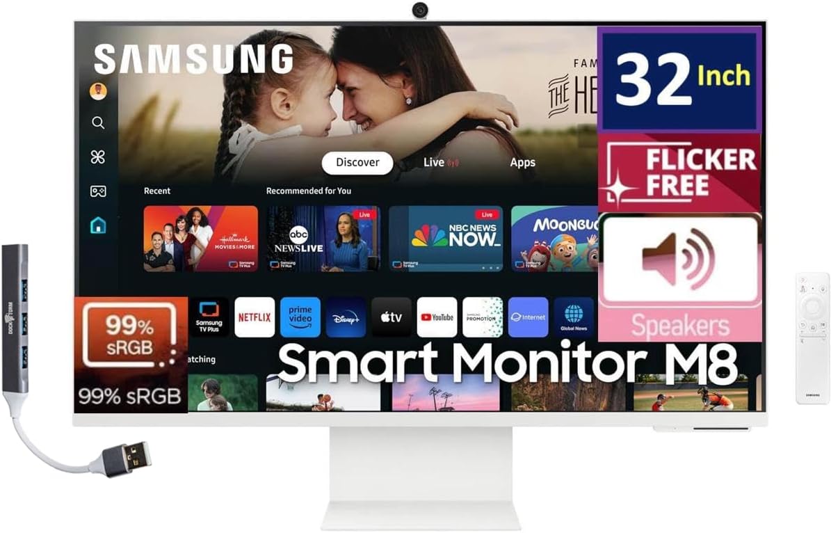 Samsung 32-Inch M8 (M80D) 4K UHD Smart Monitor with Streaming TV, Speakers, HDR10+, AI Upscaling, Ergonomic Stand, Slimfit Camera, Gaming Hub, USB-C & DKZ USB Port Expander, (LS32DM801UNXZA)