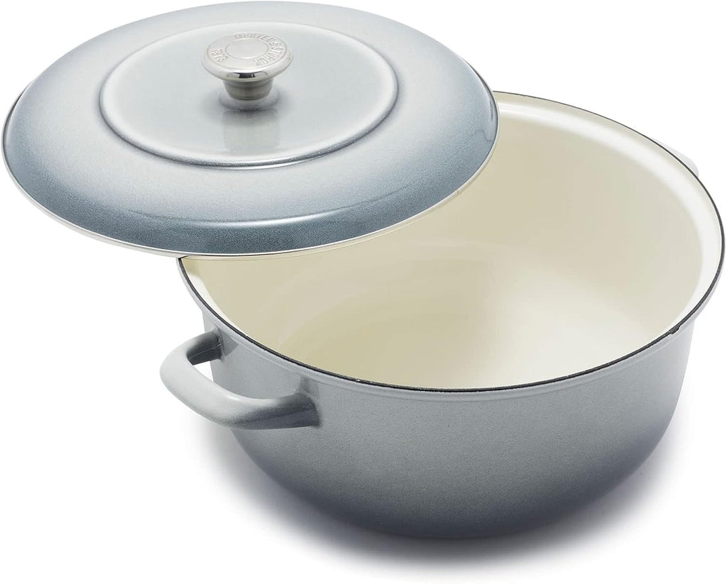 Merten & Storck 7QT Round Dutch Oven Casserole Pot with Lid, European Crafted Enameled Iron Stockpot, Induction & All Cooktops, Braising, Stews, Roasting, Slow Cooking, Sourdough, Cloud Gray