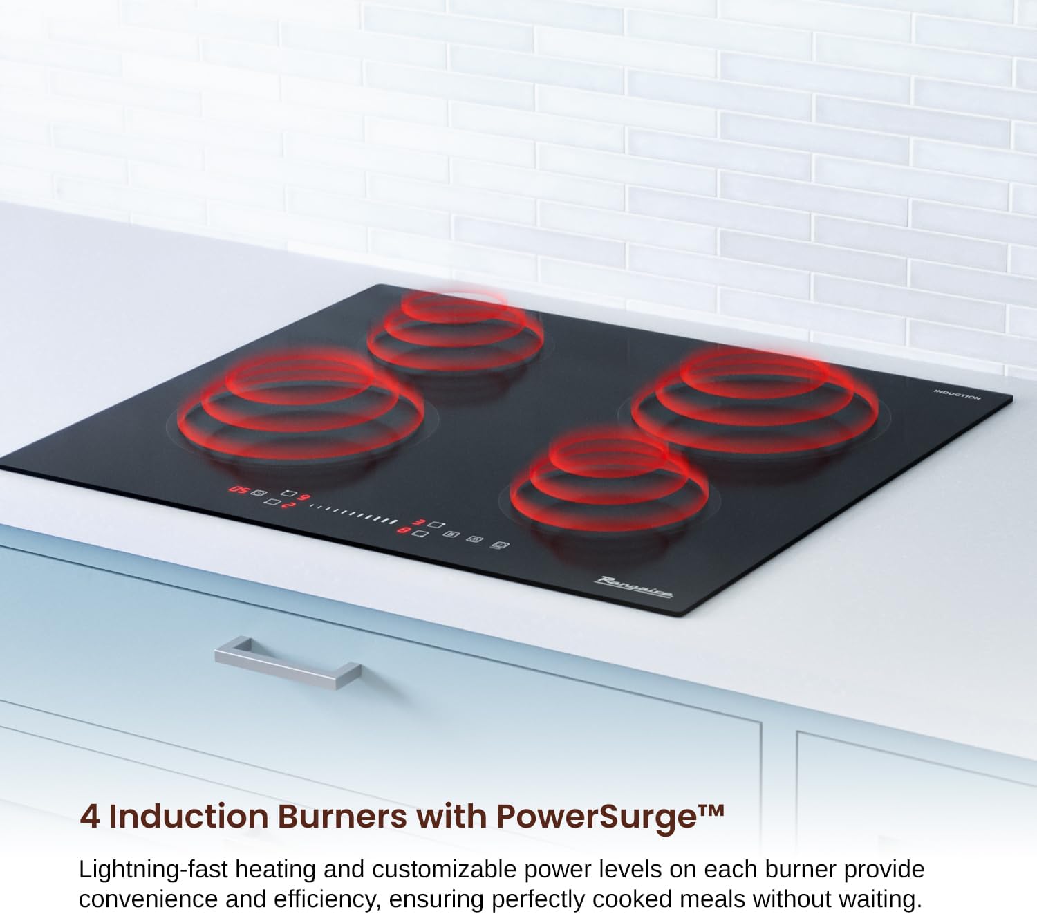 Rangaire RCI241S 24' Induction Cooktop, 6700W, 4 Burners, Built-in Stove Top, Booster & Timer, 9 Power Levels, Slide Touch Control, Child Safety Lock, 240V Hard Wire, Ceramic Surface