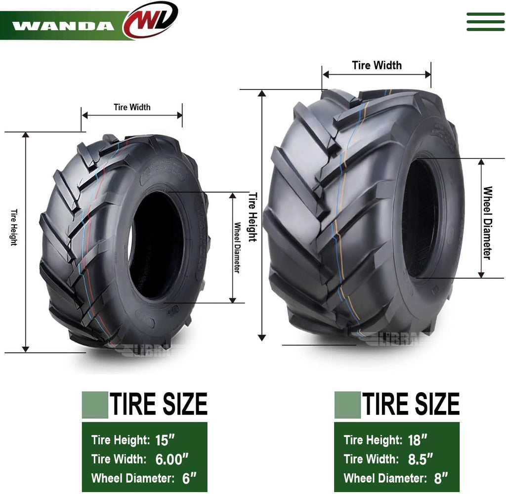 WANDA Set 4 15X6-6 & 18X8.5-8 Lawn Mower Agriculture Farm Tractor Tires Super Lug 4 Ply-13078/13079