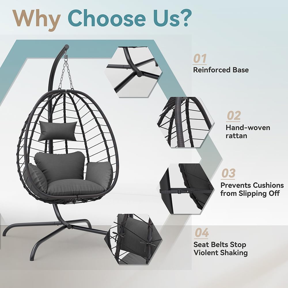 Kurapika Egg Swing Chair Indoor Outdoor Patio Wicker Rattan Hanging Egg Chair with Stand, Hammock Swing with Cushioned Headrest, 350LB Capacity for Bedroom, Balcony, Garden,Deck (Grey)