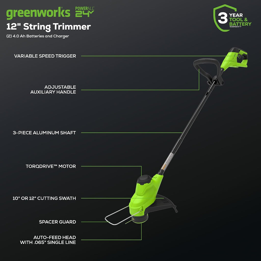 Greenworks 48V (24V x 2) 20' Brushless Cordless Lawn Mower + 12' String Trimmer + 320 CFM Leaf Blower Combo Kit with (2) 4.0Ah Batteries & Dual Port Fast Charger