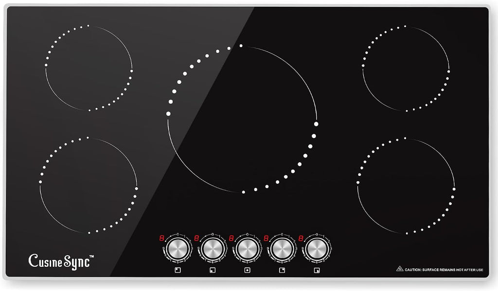 36 Inch Induction Cooktop, 5 Burner Electric Cooktop with 9 Power Levels, Knob Control, Auto shutdown and Residual Heat Warning, 9200W, 220-240V for Hard Wire