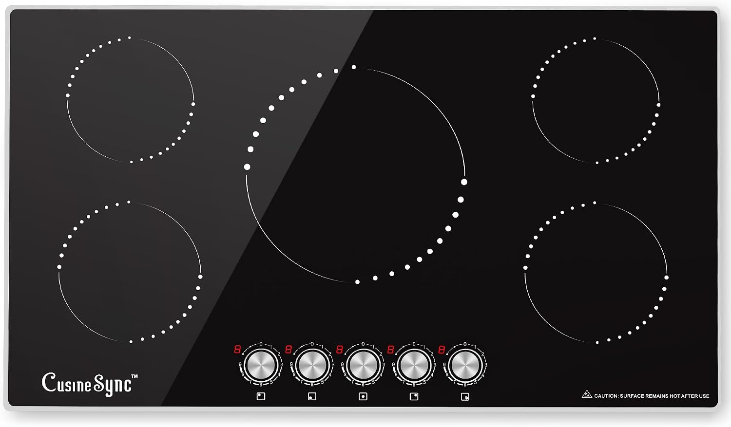 36 Inch Induction Cooktop, 5 Burner Electric Cooktop with 9 Power Levels, Knob Control, Auto shutdown and Residual Heat Warning, 9200W, 220-240V for Hard Wire