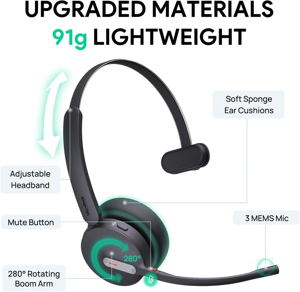 Yealink BH70 Mono Wireless Headset with Mic for Work, Bluetooth Headphone Teams Certified, up to 35h Talk Time, 91g Lightweight Comfort, USB-C to A