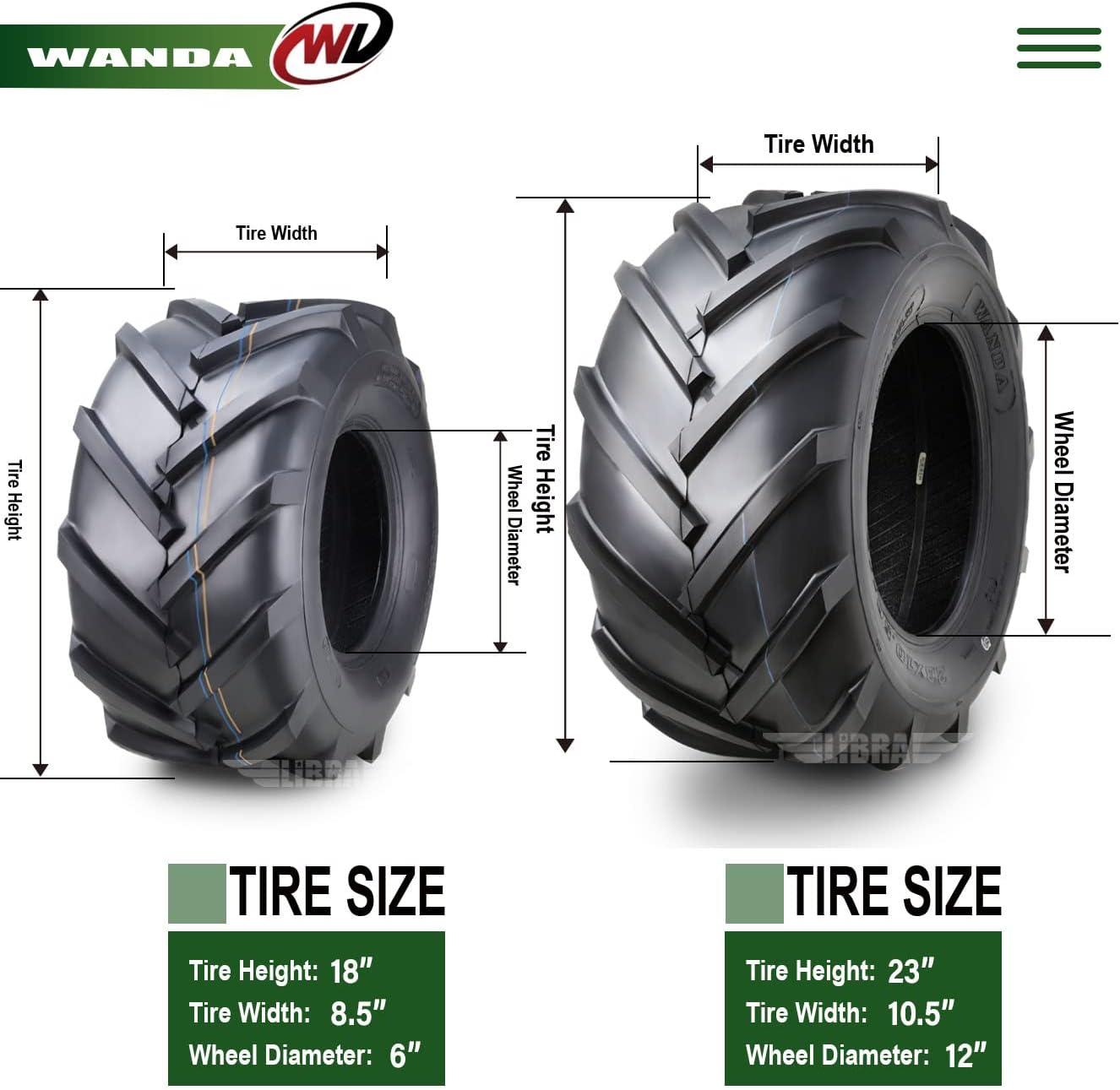 WANDA Set 4 18X8.5-8 & 23X10.5-12 Lawn Mower Agriculture Farm Tractor Tires Super Lug 4 Ply-13079/13075