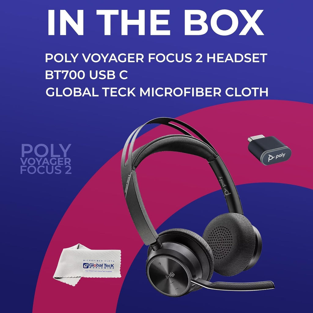 Poly Plantronics Voyager Focus 2 MS, Stereo Bluetooth Headset, USB-C for Teams, Connects to Laptop and Smartphone - Works with Zoom, RingCentral, 8x8, Vonage - w/USB C/A Adapter and GTW Cloth