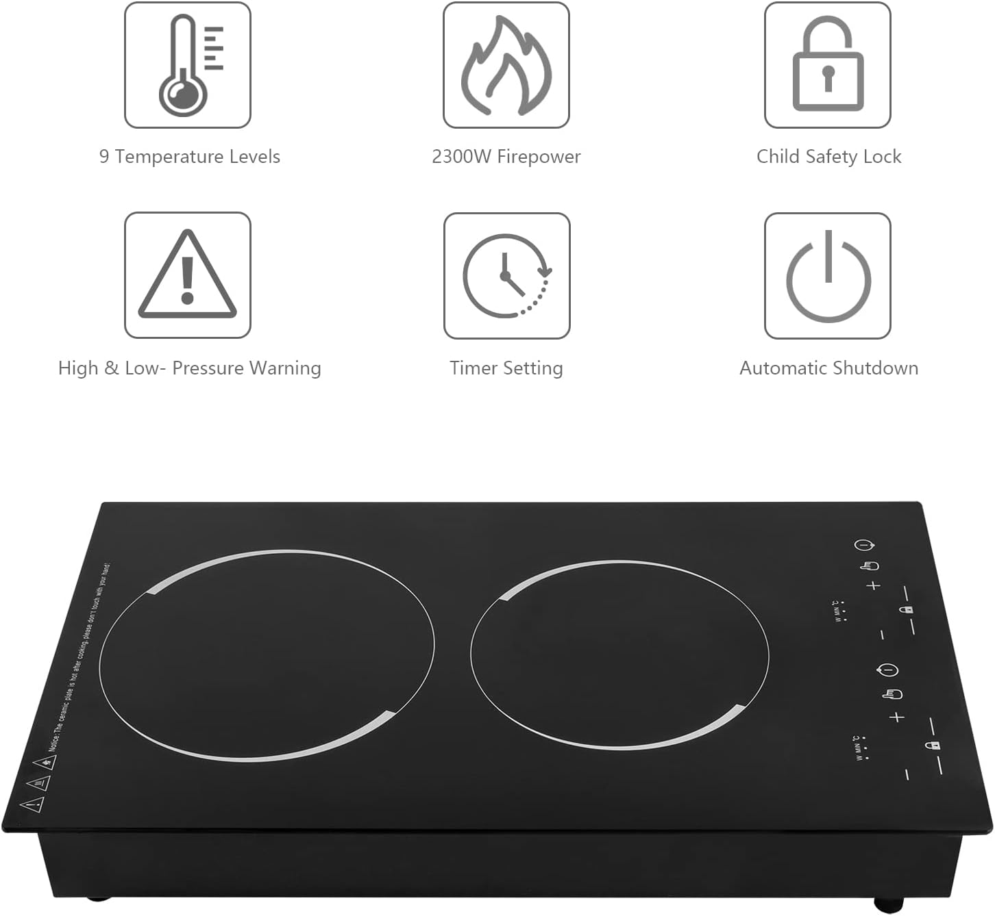 Electric Cooktop 2 Burner, Portable Induction Cooker with Burner Independent Control, Ultrathin Body,9 gears Temperature, 1200W+1100W-Multiple Power Levels, 110V-120V (Suitable for Pot 10.24in)