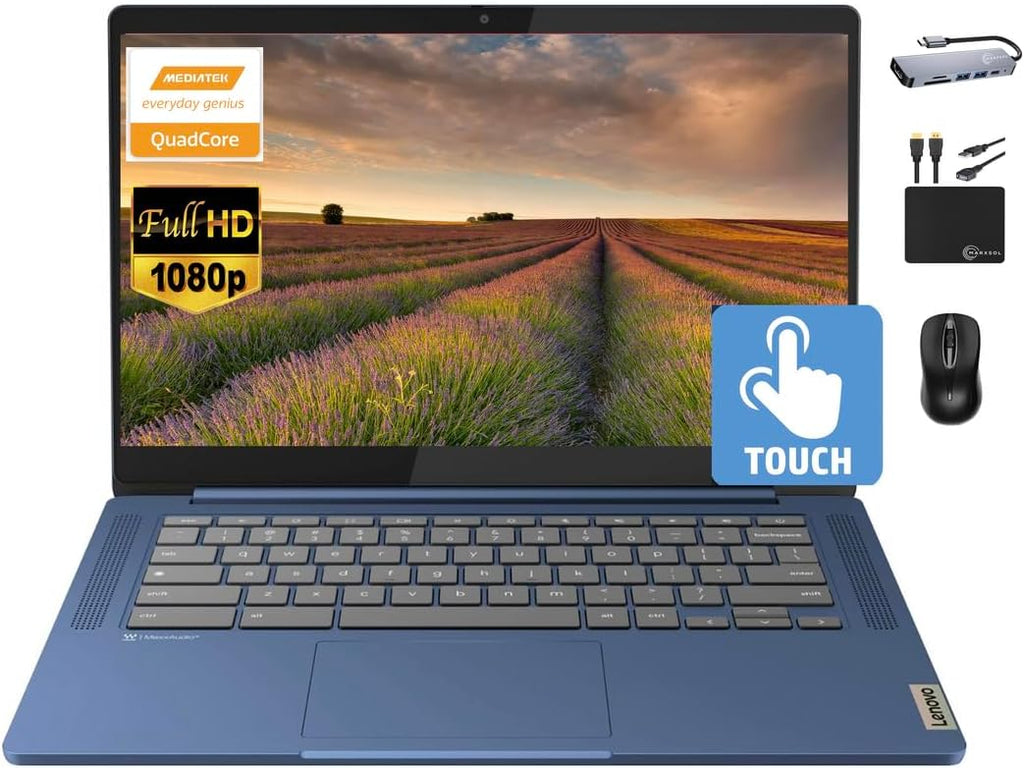 Lenovo Chromebook 14' Touchscreen Slim Laptop Business Student, 8-Core MediaTek Kompanio 520, 4GB RAM, 128GB Storage (64GB eMMC+64GB Card), WiFi 6, Long Battery, Chrome OS+MarxsolAccessory