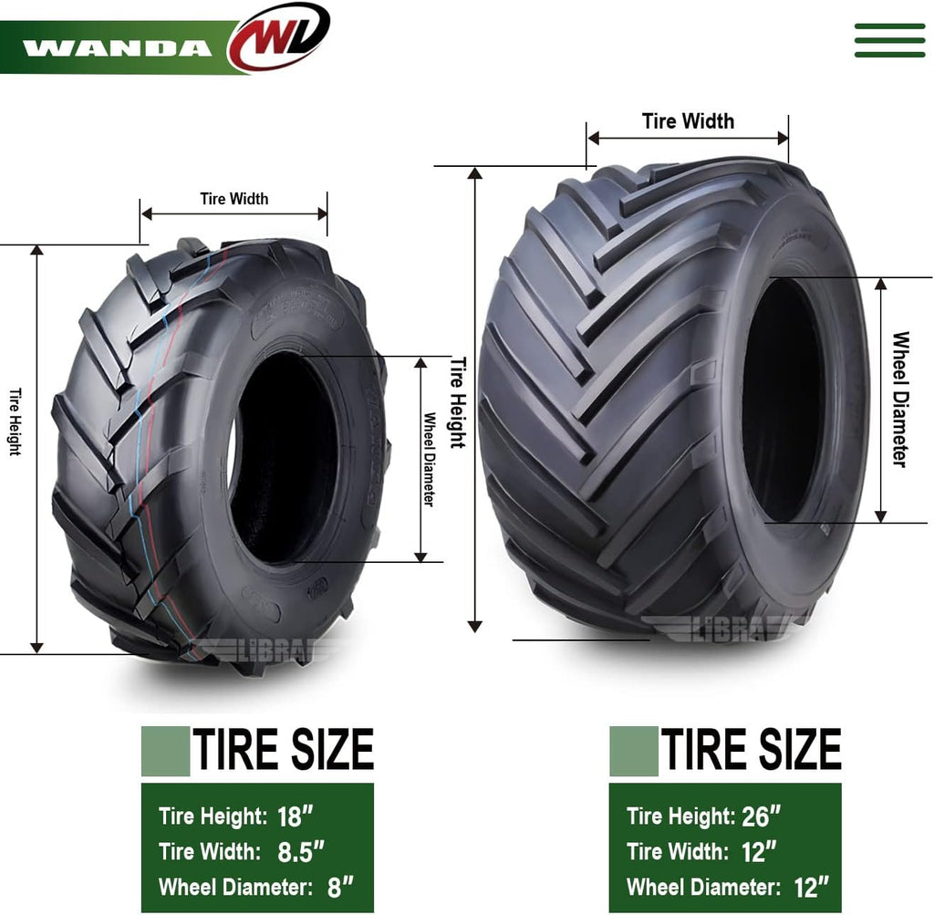 WANDA Set 4 18X8.5-8 & 26X12-12 Lawn Mower Agriculture Farm Tractor Tires Super Lug 4 Ply-13079/13215