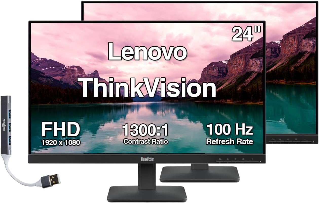 Lenovo ThinkVision 24' FHD IPS Monitor w/ 4ms Response Time, 100 Hz Refresh Rate, Flicker Free, Anti-Glare, VESA Mount (100mm), HDMI & DKZ USB Port Expander, Black 2 Pack