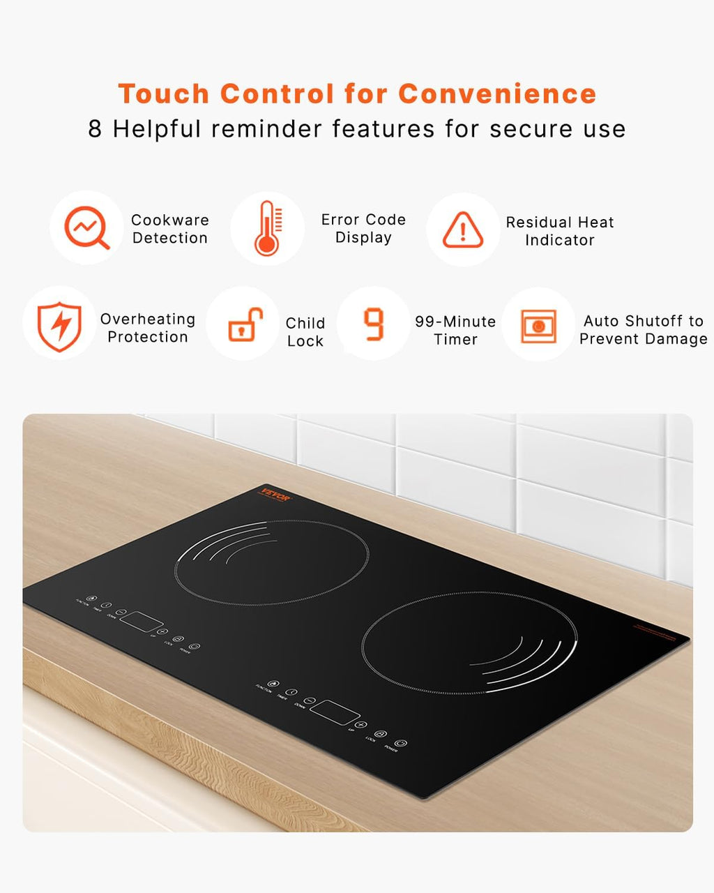 VEVOR Induction Cooktop, 1800W Electric Countertop Burner with 9 Power Settings, 2 Burner Touch Control Stove, Built-in Induction Cooktop, Include 99-Min Timer, Child Safety Lock, Glass Surface