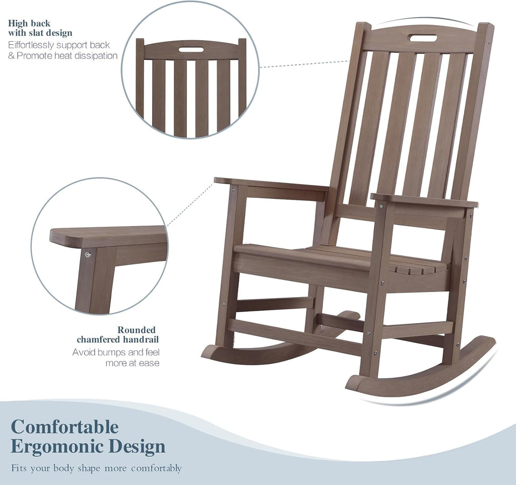 Psilvam Oversized Outdoor Rocking Chair, HDPE Porch Rocker Chairs for Adults, All Weather Resistant Rocking Chairs for Patio Lawn Garden, 350lbs Weight Capacity (Brown)